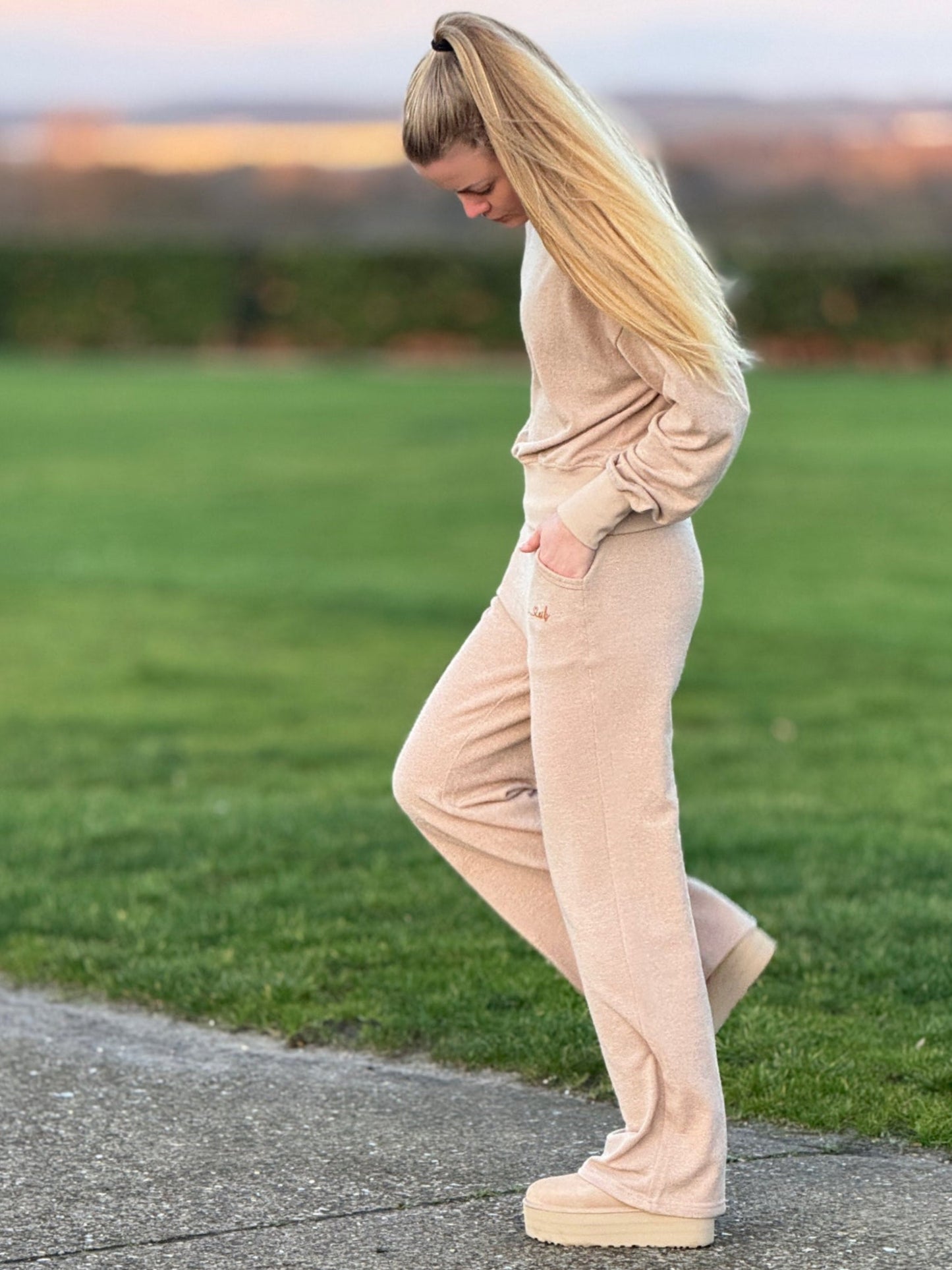 'She is Ready' Terry Towel Wide-leg Jogger in Latte