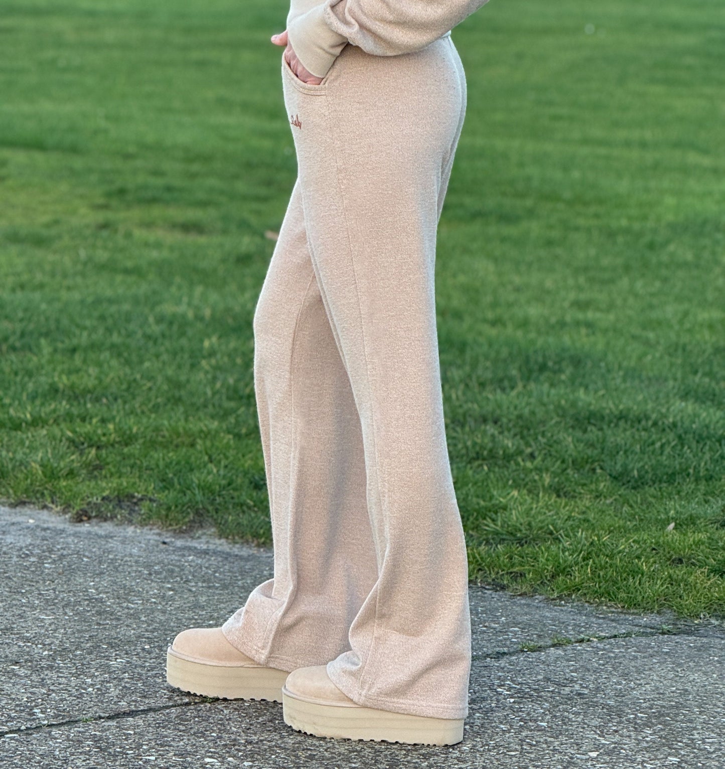 'She is Ready' Terry Towel Wide-leg Jogger in Latte