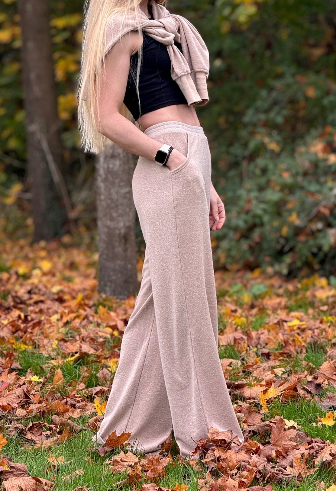 'She is Ready' Terry Towel Wide-leg Jogger in Latte